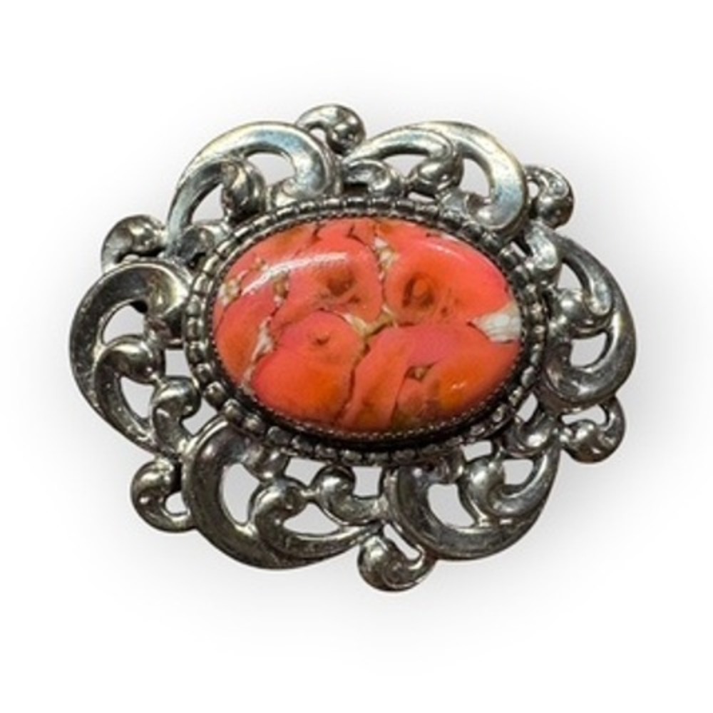 Danecraft Brooch Vintage Sterling Silver Faux Coral Scroll Filigree Excellent